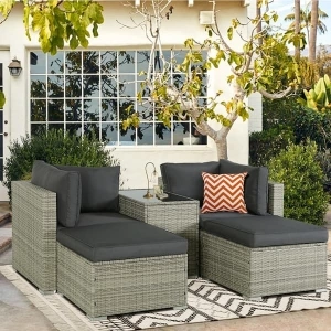 5-Piece Light-Gray Outdoor Patio Wicker Conversation Set with Smoke Gray Cushions (Set of 5)