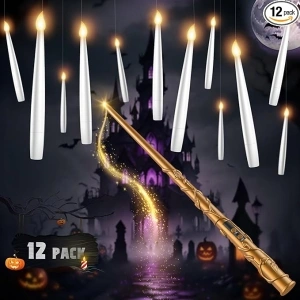 Floating Candles with Wand - 12 Pack Halloween Decorations Magic Flameless Candles Flickering Warm Light LED Hanging Candle Remote, Battery Operated Candles for Christmas Outdoor Indoor Party Decor