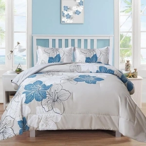 Menghomeus Floral Comforter Set King Blue Flower Pattern Printed on Grey, Soft Microfiber Bedding Lightweight Boho Bed Set for All Season (1 Comforter, 2 Pillowcases)