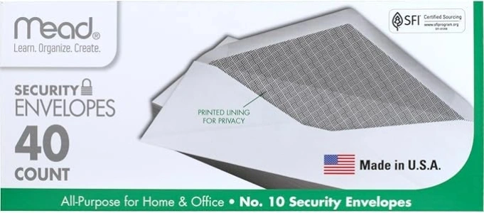 Mead #10 Envelopes, Security Printed Lining for Privacy, Gummed Closure, All-Purpose 20-Ib Paper, 4-1/8