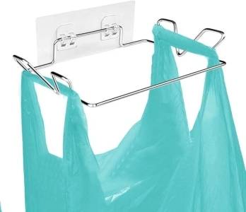 Trash Bag Holder for Cabinet Doors & Cupboards, Wall Mount Garbage Bag Holder with Adhesive Base Sticker Stainless Steel Under Sink Bag Holder Plastic Bag Holder for Kitchen Trash Can Bag Holder