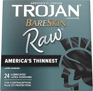 TROJAN BareSkin Raw Thin Condoms, Lubricated Condoms For Men, America’s Number One Condom Brand, 24 Count Pack