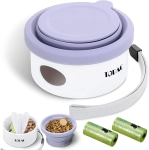 TOPAC 3 in 1 Silicone Collapsible Dog Bowls, Travel Dog Bowls,Treat Container with Collapse Bowl&Dog Poop bag Holder,Foldable Feeding Watering Dish for Traveling Camping walking with 2 Poop Bags