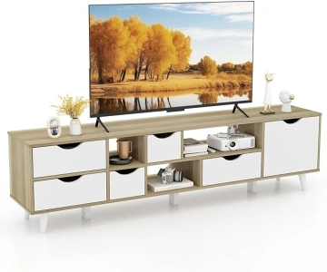 Tangkula White TV Stand, Mid Century Modern TV Console Table w/Storage, Television Stand w/ 5 Drawers & 3 Open Shelves, Home Living Room Media Entertainment Center for TVs up to 65” (Oak, 59