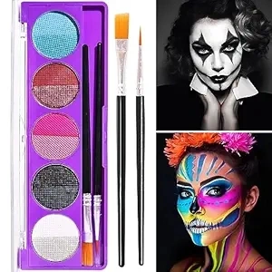 Glow Under UV Blacklight Face Paint, 10 Bright Colors Gold Silver Metallic Neon Face Body Painting Palette with 2 Type Brushes, Water Based Makeup For Party Halloween Washable Kids Adult (02)