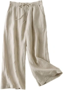 LaovanIn Women's Wide Leg Palazzo Pants Linen Drawstring Cropped Pants Trousers Culottes