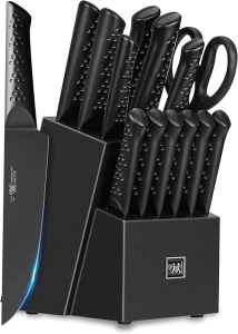 HUNTER.DUAL Knife Sets for Kitchen with Block, HUNTER.DUAL 15 Piece Knife Set with Built-in Sharpener, Dishwasher Safe, German Stainless Steel, Elegant Black