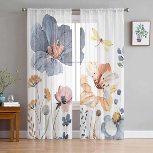 Sheer Curtains 2 Panels Set, Spring Floral Summer Plant Farmhouse Wild Flowers Dragonfly Rod Pocket Voile Fimly Drapes, Window Curtain Voile Draperies for Kitchen Bedroom Living Room Yard 52