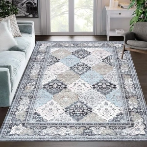 Area Rug 9x12 Washable Living Room Rug Moroccan Trellis Area Rug Non Slip Distressed Rugs Vintage Floral Print Accent Throw Rug for Living Room Bedroom Office, Blue