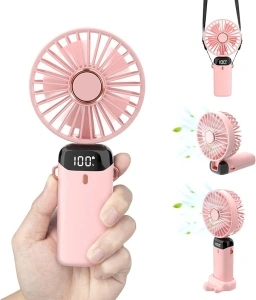 Personal Fan, Portable Hanging Neck Fan, 4000mAh USB-C Rechargeable 5-Speed Modes Powerful Desktop Fan with Base, Max 16H Run Time, Adjustable Lanyard and Bracket Hands-free Cooling Fan-Pink