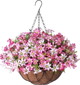 Artificial Silk Flowers Hanging Baskets Outdoors Indoors,Chrysanthemum with Eucalyptus Leaves Arrangement for Garden Yard Spring Summer Decor,Faux Plant in Metal Coconut Lining Flowerpot(Pink)