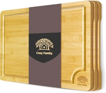 Cosy Family Wood Cutting Boards for Kitchen - Set of 3 - Bamboo Cutting Boards with Juice Groove, Serving Board Set, Thick Chopping Board for Meat, Veggies, Easy to clean, (M 12x8