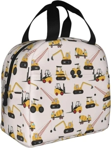 Funny Excavator Lunch Box Cartoon Construction Insulated Lunch Bag for Kids Women Men Reusable Cooler Vehicles Digging Machine Lunch Tote Bag with Front Pocket for Girls Boys Students School Office