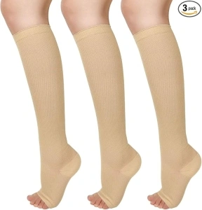 3 Pairs Open Toe Compression Socks Women Knee High Toeless 15-25 mmHg