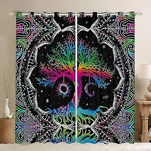 Feelyou Colorful Tree Blackout Curtains(30%-50%) Sun and Moon Curtain Bohemian Darkening Window Dreapes for Bedroom Decor Boho Window Treatments Psychedelic Hippie Design (2 Panels? 42 x 90 Inch)
