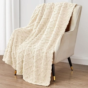 Edednleaf Sherpa Fleece Throw Blanket with Stylish Pattern for Bed and Couch, Super Soft Fuzzy Sherpa Beige Blanket Plush Warm Cozy Bed Blanket for Sofa and Bed (Beige, 70