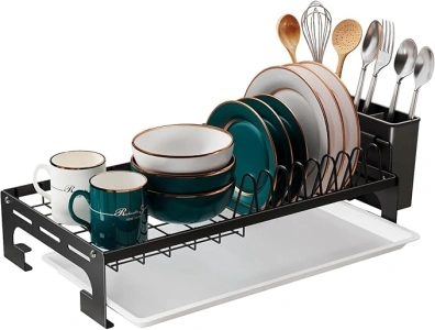 Drying Rack Kitchen,Dish Rack for Kitchen Counter, Dish Drainer with Drain Tray, Utensil Holder for Various Kitchenware,Cup,Palte,Black,Small,Compact