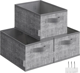 SONGMICS Storage Baskets, Set of 3 Fabric Storage Bins, 11.8 x 7.9 x 5.9 Inches, Foldable Closet Organizer for Shelves, 2 Handles, Label Holders, for Bedroom, Living Room, Cattail Gray UROB415G01