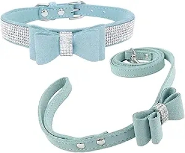 Velvet Full Crystal Rhinestones Dog Pet Collar Leash Set Dog Cat Shinging Diamonds Bowknot Adjustable Necklace Set,Blue,M:(Neck 13-15