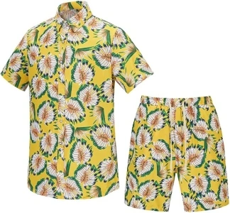 Men's Short Set Outfit 2 Piece Tracksuits Floral Hawaiian Casual Short Sleeve Shirt and Shorts Suit