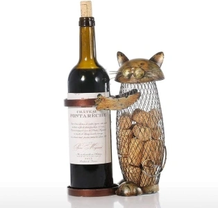 Tooarts Cat Wine Bottle Holder Decorative, Metal Wine Barrel Cork Holder, Cork Storage Organizer, Table Cork Container Ornament, Christmas Birthday Gifts for Cat Lovers