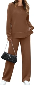 OFEEFAN Women's 2 Piece Lounge Set Travel Airport Outfits Side Slit Tracksuit Wide Leg Loungewear Baggy Comfy Sweatsuit S-3XL