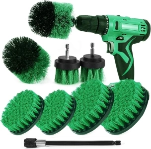 SHIELDPRO Drill Brush Attachment Set, Power Scrub Brush for Cleaning, All Purpose Scrubber Brushes with Extended Attachment for Bathroom Kitchen Surface, Grout, Tub, Shower, Tile, Corners, Car-Green