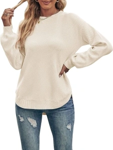 MEROKEETY Women's 2024 Fall Long Balloon Sleeve Crew Neck Sweater Tops Waffle Knit Soft Pullover Jumper