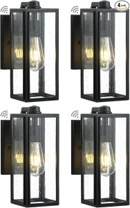 12.4''H Dusk to Dawn Outdoor Coach Wall Light Aluminum Exterior Black Lighting Fixture Wall Mount 4 Pack Outdoor Porch Wall Lantern Plug in Electric Seeded Glass Outside Garage Wall Sconce