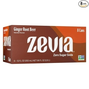 Zevia Zero Sugar, Ginger Root Beer Soda, Caffeine Free, 12 Fl Oz Cans (Pack of 8)