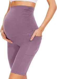 QGGQDD Maternity Shorts Over Belly with Pockets – 8” Black High Waisted Pregnancy Workout Biker Shorts Women