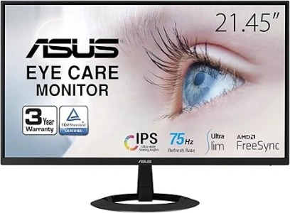 ASUS 22” (21.45” viewable) 1080P Eye Care Monitor (VZ22EHE) - Full HD, IPS, 75Hz, 1ms (MPRT), Adaptive-Sync, HDMI, Low Blue Light, Flicker Free, HDMI, VGA, Ultra-Slim,Black