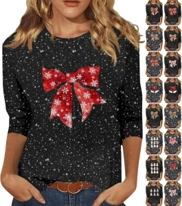 Christmas Shirts for Women Plus Size 3/4 Sleeve Tops Funny Holiday Crewneck Dressy Blouses Three Quarter Tunic Tops