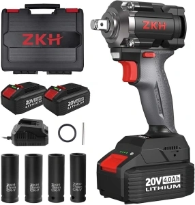 ZKH Cordless Impact Wrench 1/2 Inch, 20V Brushless High Torque Impact Gun w/ 3-Mode Speed, Max Torque 330 ft-lbs（450N.m）, 2 x 4.0Ah Battery, Fast Charger & 4 Sockets, Tool Case