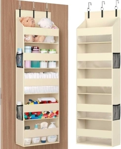 Lifewit 1 Pack Over The Door Organizer, 5 Shelf Clear Window Hanging Storage with 4 Mesh Side Pockets, Anti Tilt 40 lbs Load Behind Door for Pantry, Nursery, Bathroom, Bedroom, Kitchen, Dorm, Beige