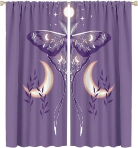 Moth Curtains Purple Sun Moon Star Plant Moth Pattern Blackout Print Rod Pocket Window Drapes for Bedroom Living Room 42x45in