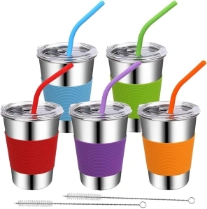 Kids Cups with Straws and Lids, 16oz 5 Pack Stainless Steel Tumblers Unbreakable Sippy Cups with Straw Drinking Glasses for Adults and Children