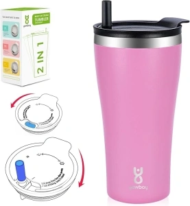 Insulated Coffee Tumbler With Built-In Straw, 20 oz Travel Coffee Mug With 2-In-1 Lid, Spill Proof Tumbler With Straw, Stainless Steel Double Wall Vacuum Ice Coffee Thermal Cup (Pink)