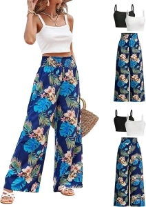 Women's 3 Piece Outfits Boho Crop Tank Top and Tropical Print Wide Leg Pants Set
