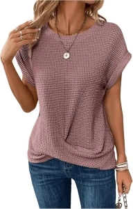 Women's Cap Sleeve Twist Front Waffle Knit T Shirts Casual Short Sleeve Crewneck Tee Tops Blouses Dusty Pink Medium