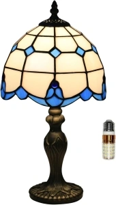 Tiffany Table Lamp, Tiffany Style Stained Glass Lamp, 8 Inch Small Antique Bedside Lamp, for Nightstand Bedroom Living Room Home Office, Blue, Include LED Bulb