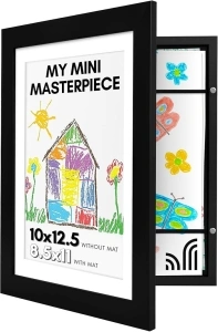 Americanflat 10x12.5 Kids Art Frame - Front Loading Picture Frame - Use as 8.5x11 Frame with Mat or 10x12.5 Frame Without Mat - My Mini Masterpiece - Holds 100 Artworks - Black