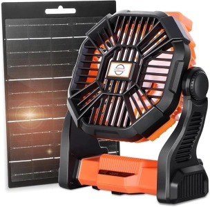 Solar Fan Camping Fan,Battery Powered Fan Rechargeable Portable Fan with 8W Solar Panel, Solar Powered Fan Camping Fan with Light, Outdoor Tent Fan Camping Essentials