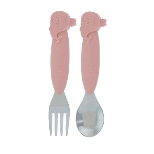 Nuby Animal Friends Silicone and Stainless Steel Fork and Spoon Set - 12+ Months - Pink Whale