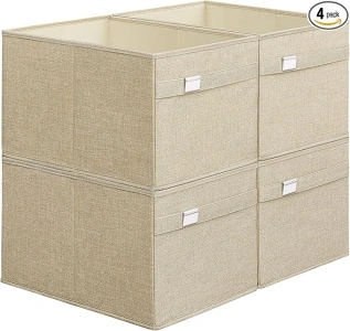 SONGMICS Storage Baskets, Set of 4 Extra Large Storage Bins for Organizing, 30L, 15.7 x 11.8 x 9.8 Inches, Fabric Storage Cubes for Shelves, Easy to Clean, Foldable, 2 Handles, Sand Beige UROB240Y04