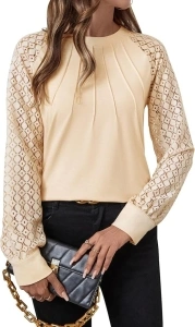 Women's Crochet Lace Long Sleeve Shirt Fashion Pleated Crewneck Loose Blouse Tops