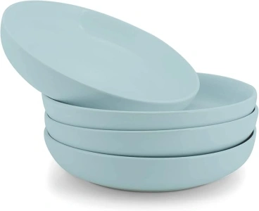 Elanze Designs Bistro Glossy Ceramic 8.5 inch Shallow Pasta Dinner Bowls Set of 4 - Perfect for Everyday uses from Italian Style Pasta to Caesar Salad, and Ramen to Pho, Ice Blue