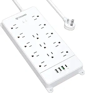 TROND Surge Protector Power Strip with USB Cord, Flat Plug Extension Cord 5 ft, 13 Wide Spaced Outlets, 4000J, 32W Quick Charge 3.0 & USB C Power Delivery, Wall Mount, Under Desk, ETL Listed, White