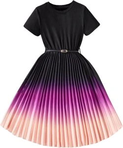 Girl's Ombre Print Pleated Short Sleeve Dress Summer Crew Neck High Waist A Line Dresses Long Dress with Belt