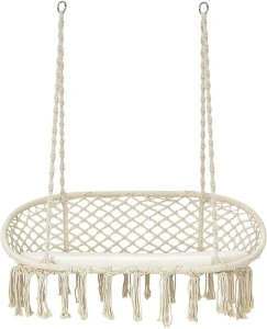 Giantex Hammock Chair 2 Seat, Macrame Hanging Chair with Cushion, Hanging Cotton Ropes, Metal Frame, 330 lbs Capacity Indoor Swing for Hammock Stand, Patio, Balcony, Living Room Hammock Swing Beige